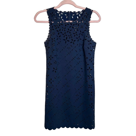 J. Crew Dress Women’s sz. 0 (XS) Navy Blue‎ Lasercut Scallop Sleeveless Shift - Picture 2 of 10